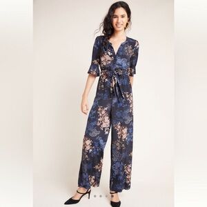 Anthropologie Kachel Silk Blend Jumpsuit, Blue Floral Print, Size 12 NWT